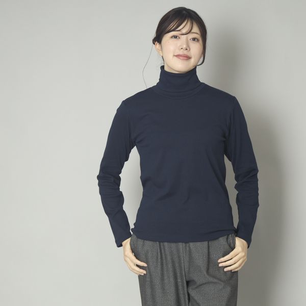 秋に活躍！ダークブルー タートルネック プリーツトップス セール】【絶妙なゆるピタ/洗濯機可】ちくちくしにくい リブ